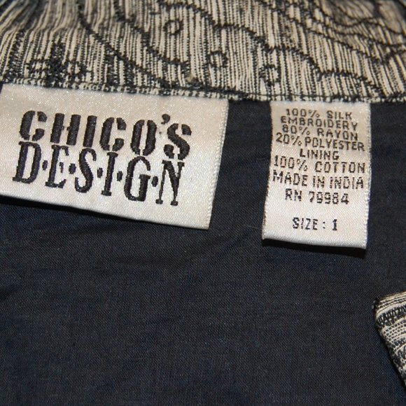 CHICOS DESIGN 100% Silk Black/Grey Patterned Jacket Size 1 - Picture 5 of 6